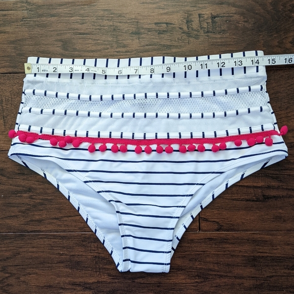 NWOT Striped High Waist Bikini Bottoms with Pom Pons - Picture 3 of 6